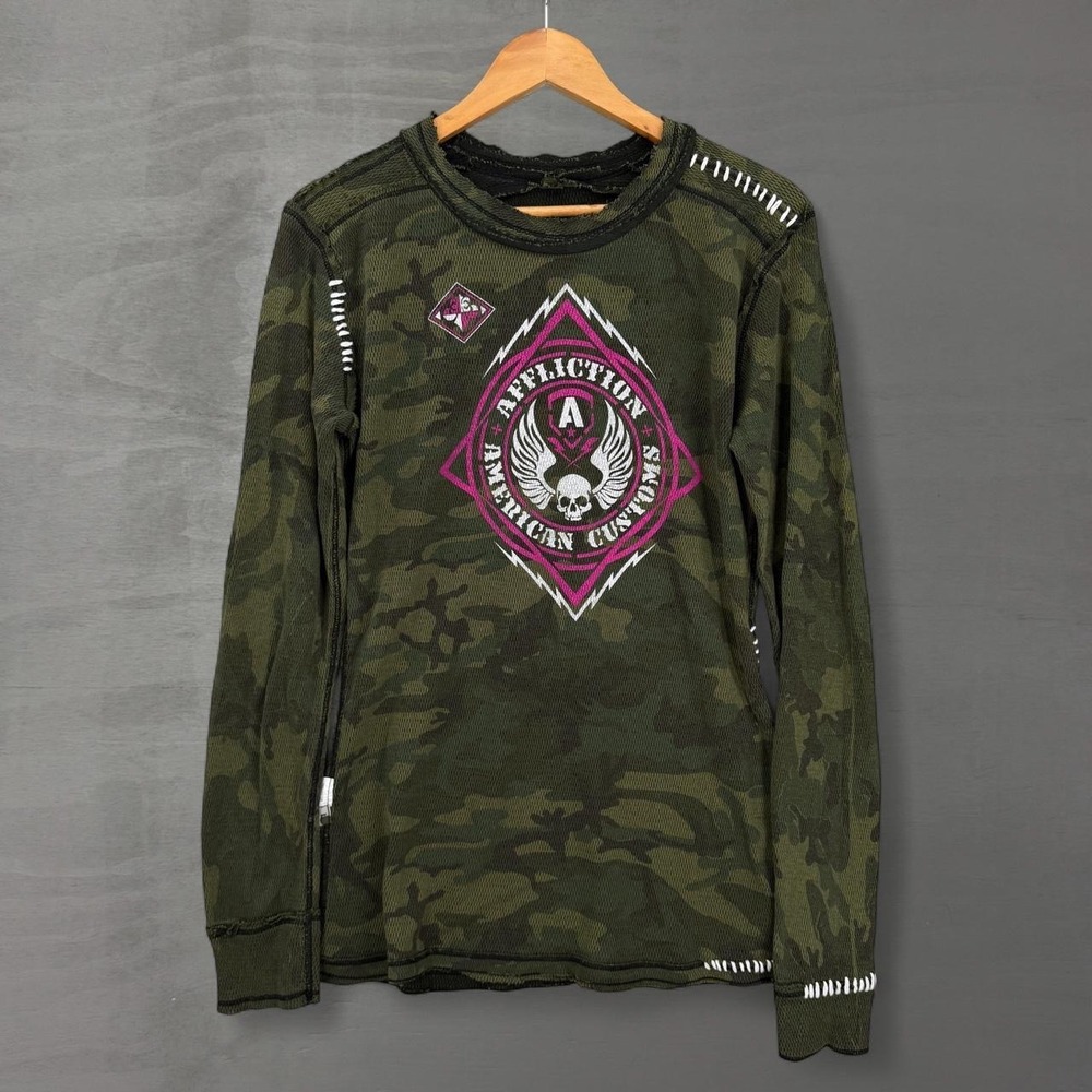 Affliction Y2K Reversible Thermal Shirt Green Camo Black Graphic Skull Large